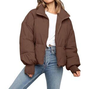 Women’s Coffee Jacket Puffer Coat Long Sleeve Winter Baggy Zip Down Outerwear